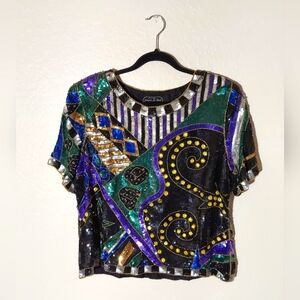 Jean For Joseph Le Bon Vtg Black/Multi Sequin Lined Silk Abtract Top WM Size XL